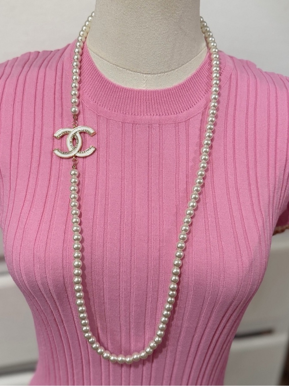 CHANEL White Pearl Double-Strand Necklace with Gold CC Charm